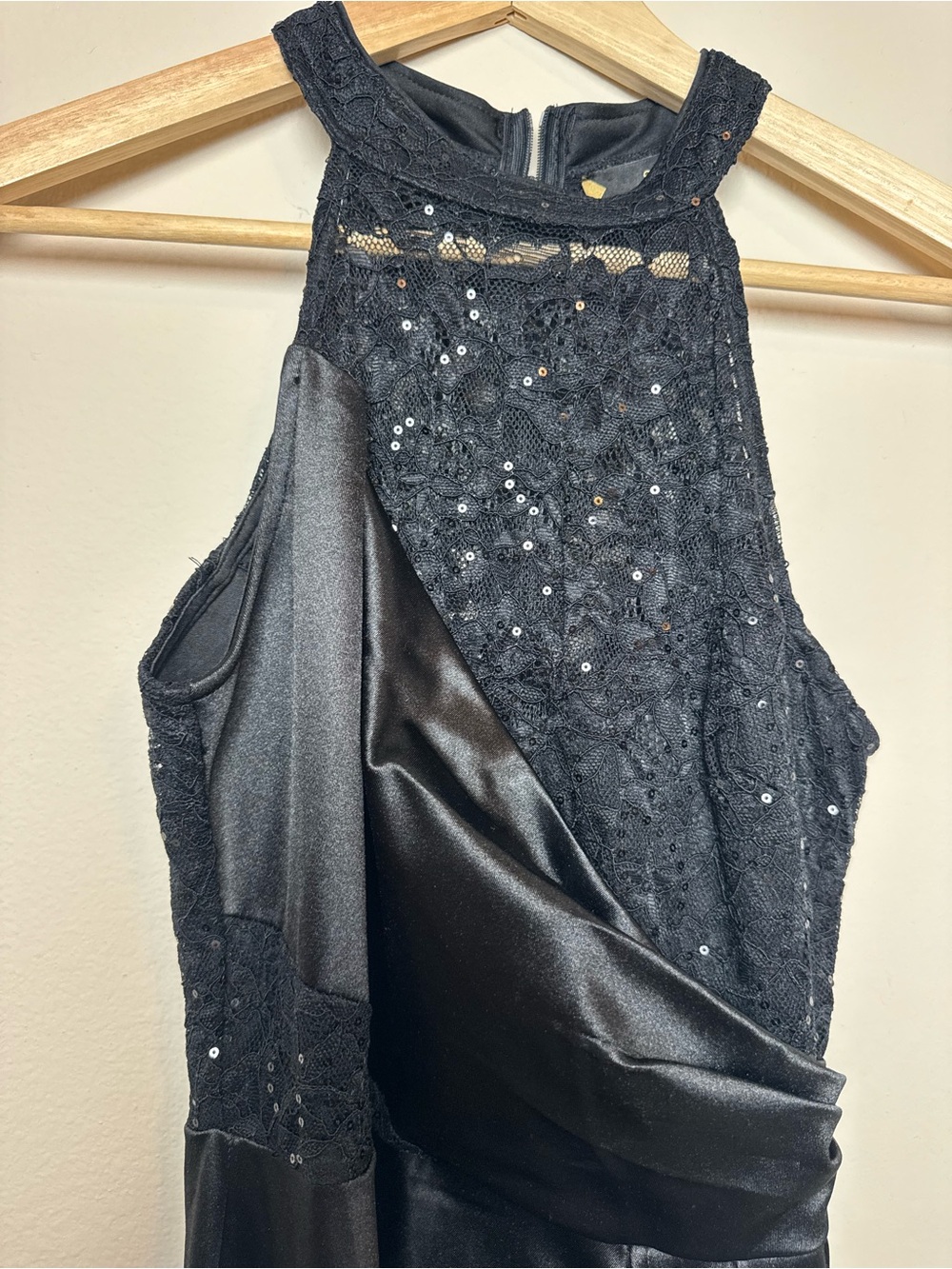 Miusol Black Sequin Lace Satin Halter Evening Dress